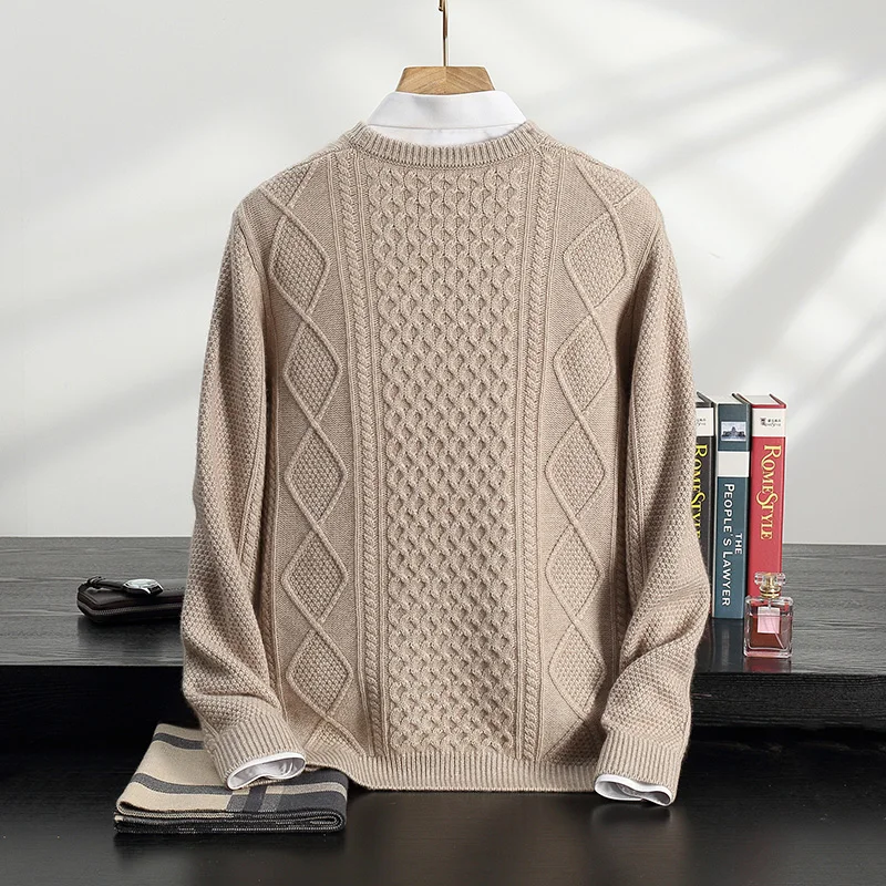 Autumn and Winter New 100% Cashmere Sweater Men's Round Neck Thickened Knitted Pullover for Casual Warmth Long Sleeve Men's Wear