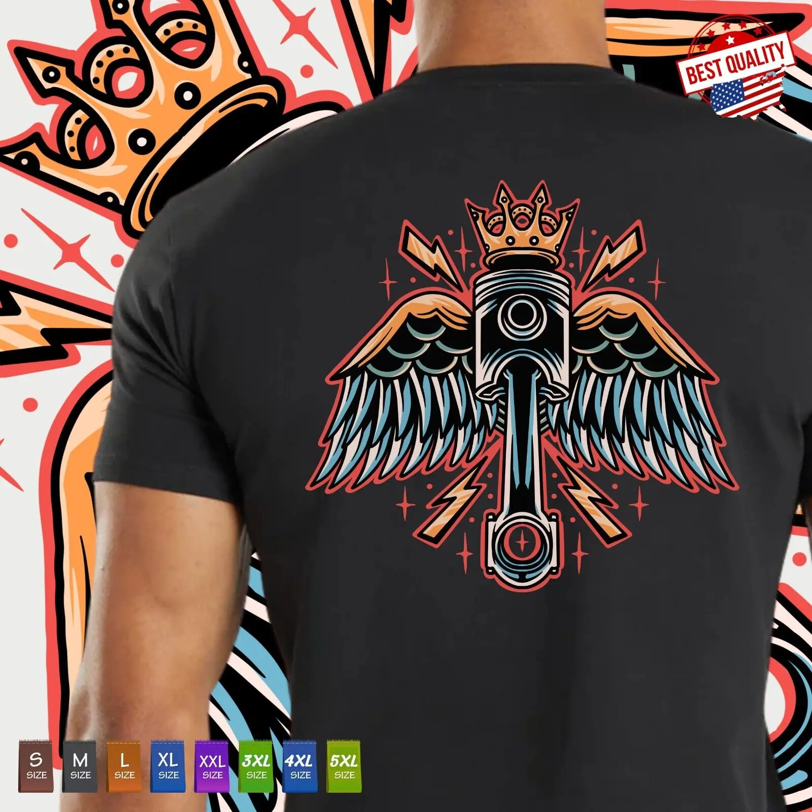 King Motorcycle Vintage Old School T Shirt z nadrukiem na plecach i mechanikami z tatuażami