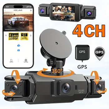 מצלמת רכב Dashcam 4 ערוצים הקלטת קול מקליט וידאו 1080P עם GPS WiFi APP שליטה בראיית לילה חלקי חילוף לרכב