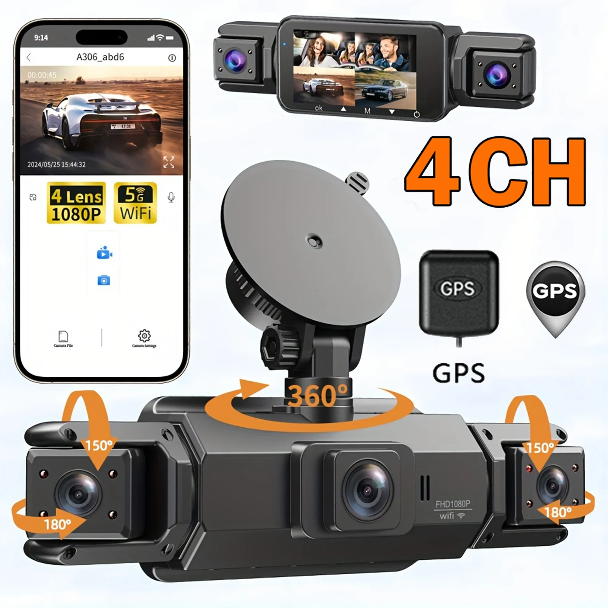 Kamera samochodowa 4CH GPS Dashcam Black Box z WiFi Night Vision DVR 360 °   Przód Lewy Prawy Tył Nagrywanie w pętli Monitorowanie parkowania 24H