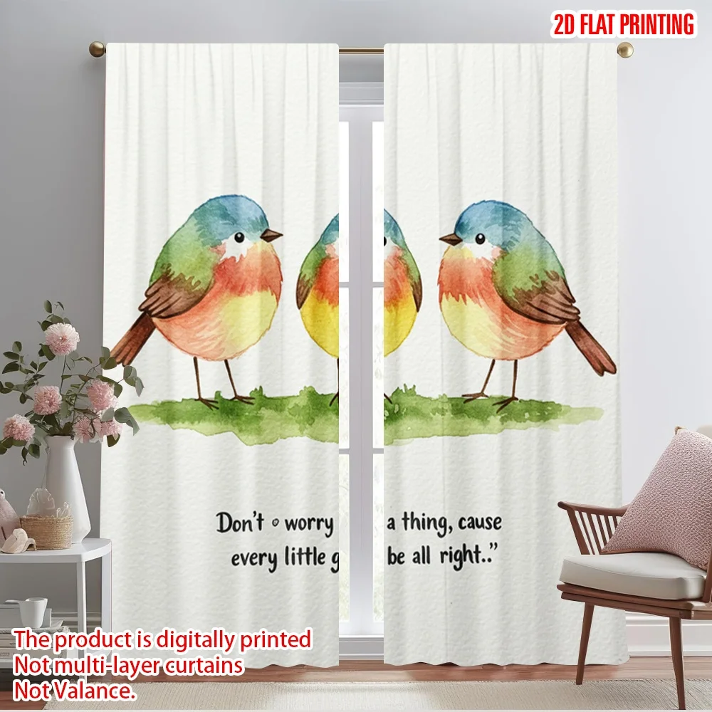 

2pcs 2D flat printing Party Curtains Watercolor birds happy sentiment Polyester Without Electricity Festive Wall Decor Use for