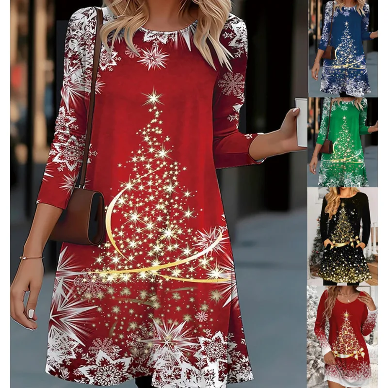 

Christmas Gold Christmas Tree Snowflake Round Neck Long Sleeve Printed Women's Dresses Xmas Carnival Party Outfits