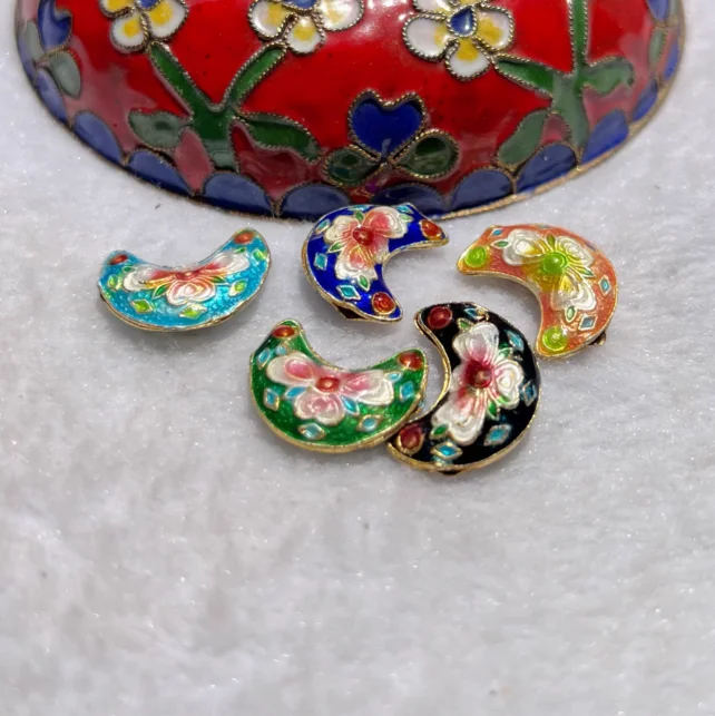 10Pcs DIY Cloisonne Enamel Filigree Moon Beads Ethnic Jewelry Making Findings Chinese Intangible Cultural Heritage