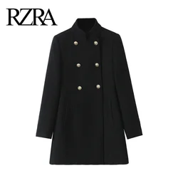 RZRA2024 autumn and winter new women's black temperament stand collar gold double-breasted blended coat jacket