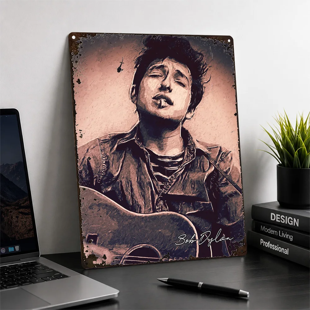 Bob Dylan Acoustic Guitar Portrait Aluminum Poster Vintage Photographic Wall Art For Bedroom Customized Metal Sign Musician Gift