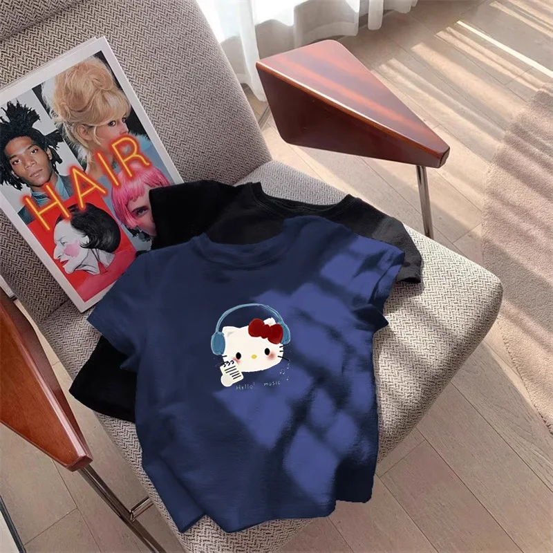 Cute Hello Kitty T Shirt Women Round Neck Short Sleeve Soft Cotton Cute Cartoon Print Y2K Casual Slim Basic Summer Tee Tops view 3