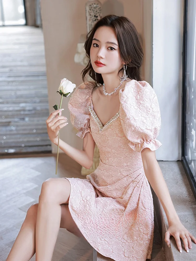 

Элегантное розовое вечернее платье для женщин: модное, с завышенной талией, А-силуэт, короткий рукав, на молнии, для свадьбы, вечеринки, торжества