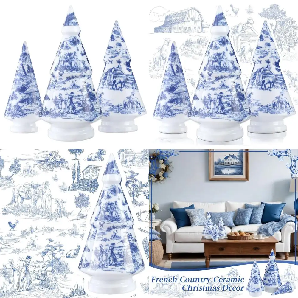 

French Country Style Christmas Tree Ceramic Figurines, Blue & White, 8.7-10.6-12.6 Inches, Mini Chic Porcelain for Village Decor