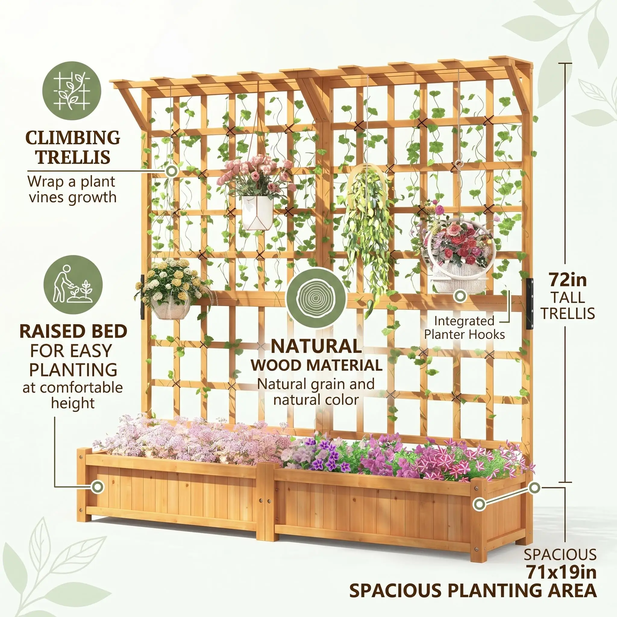 71 Inch Raised Garden Bed With Trellis Wood Planter Container With Hanging Roof And Garden Boxes Outdoor Planter Box With Drainage Holes For Climbing Plants Flowers Vine