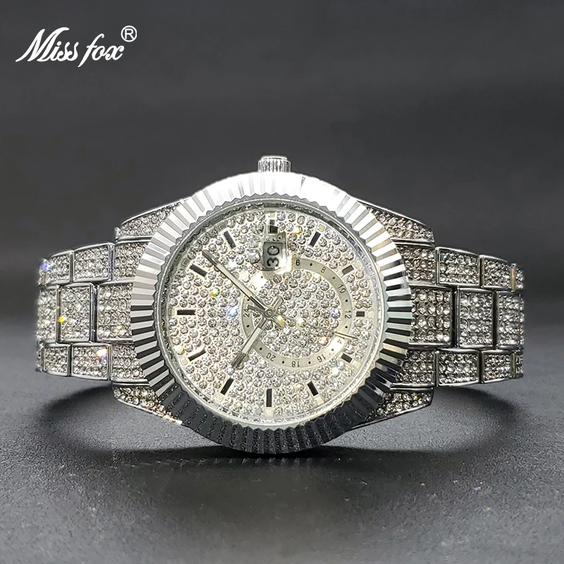 

Missfox Diamond Watch For Men Luxury Designer Calendar Waterproof Men's Quartz Wristwatches Iced Out Jewelry Unique 42mm Watches