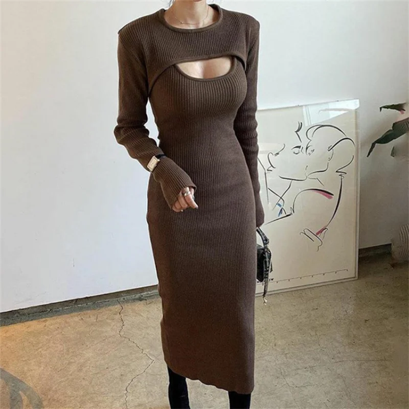 

Real Shot Hot Girl Style Hollow Knitted Long Sleeve Cover-Up Two-Piece Dress Women'S Strap Tight Bodycon Dress