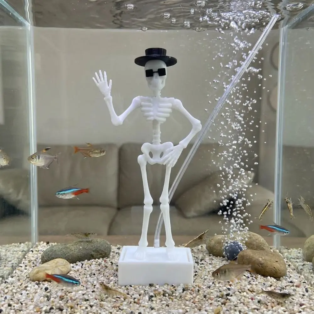 3D Printed Dancing Skeleton Aquarium Bubbler Plastic Air Driven Dynamic Skeleton Bubbler Wear Hat Sunglasses with Air Tube