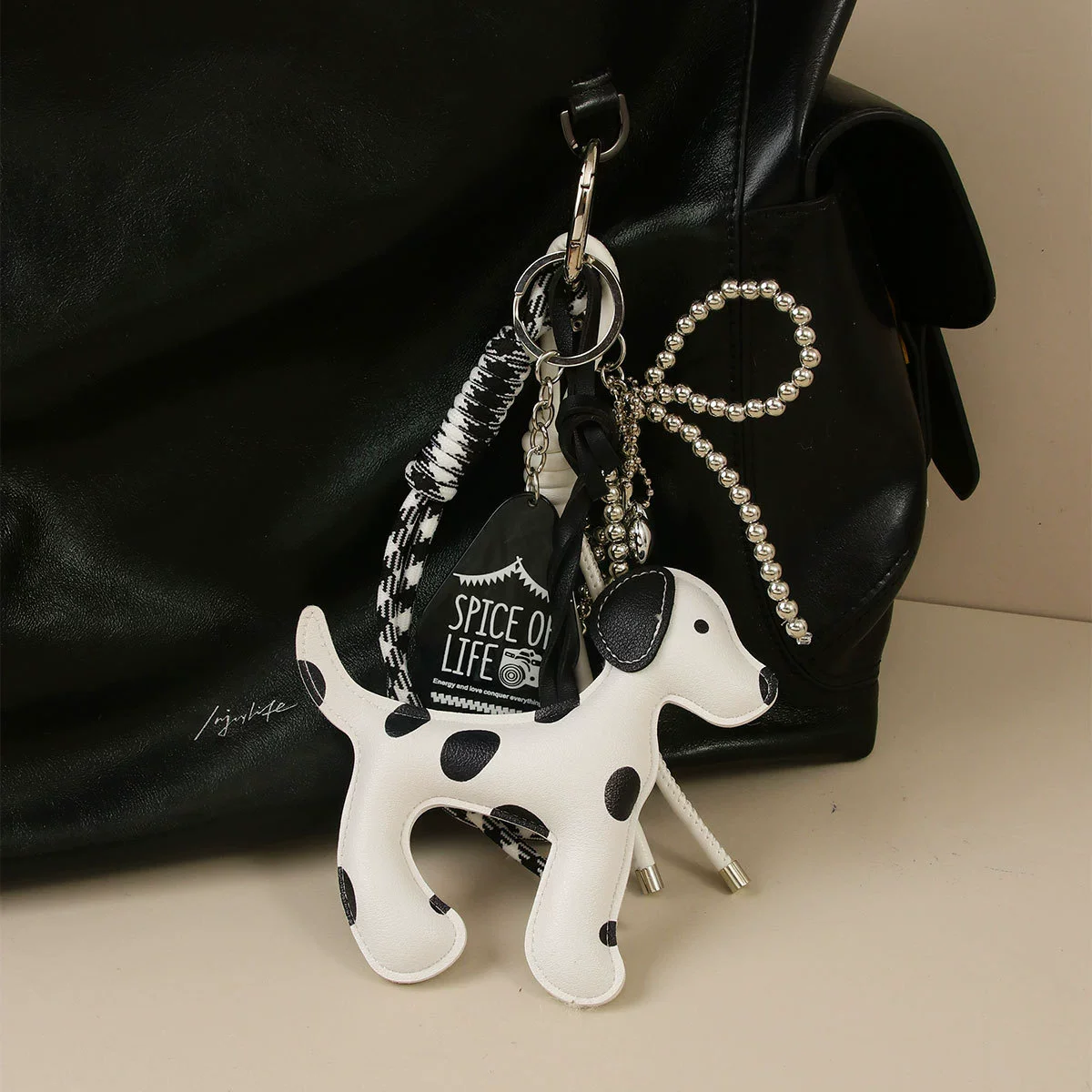 Trendy Dalmatian Dog Pendant Bag Charm & Keychain in Black/White Faux Leather Polka Dot Design for Purse Accessories Lovely Gift