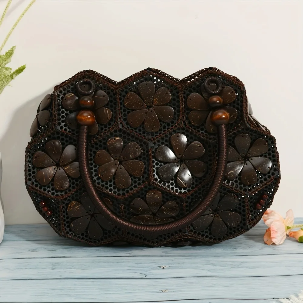 

Fashion Coconut Tree Pattern Straw Women Handbags Round Corn Husk Woven Hand Bags Handmade Summer Beach Bag Large Tote Purses