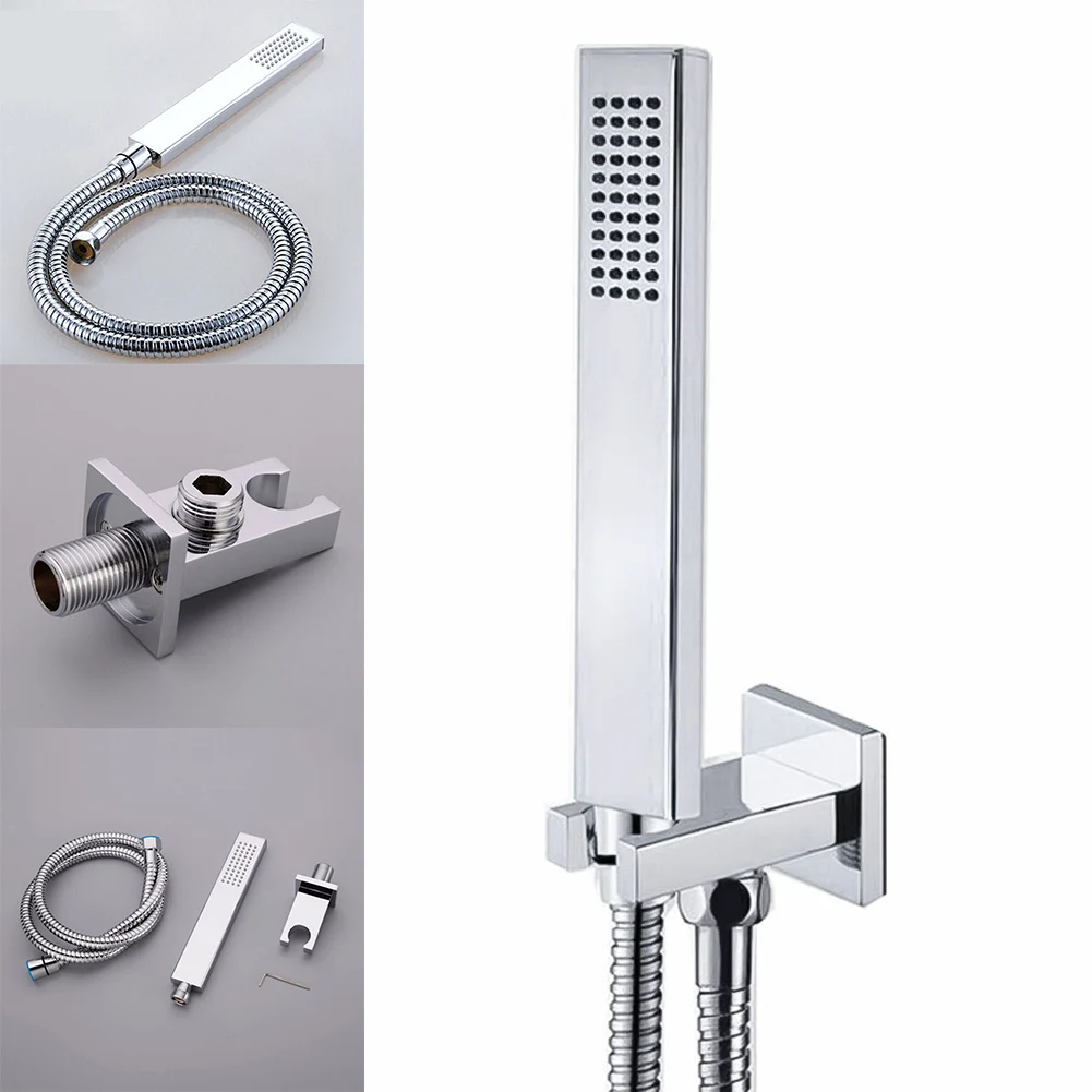 None Shower Holder Handheld Hose Shower Head Set Shower Holder Shower Hose Silver Square Stainless Wall Bracket