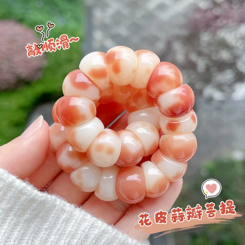 Pink Flower-Patterned Garlic Clove Bracelet, Single-Strand, Flexible, Buddhist Prayer Beads,