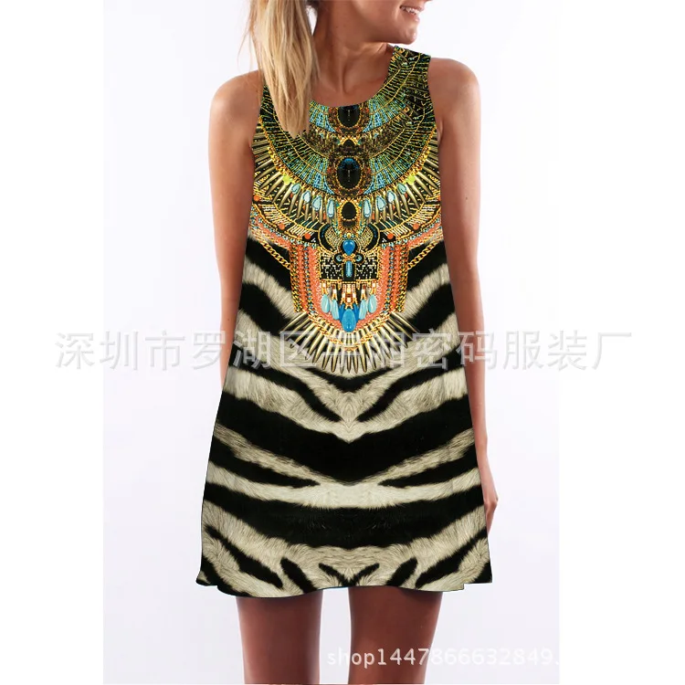 

2025 европейское и американское новое цифровое леопардовое платье с круглым вырезом без рукавов и открытыми плечами, короткая юбка трапециевидной формы