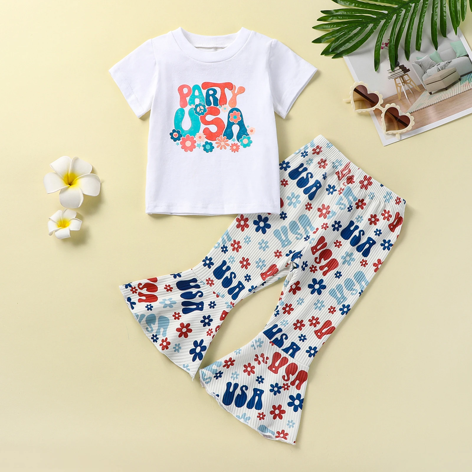 2023-04-08 Lioraitiin 0-3Years Toddler Baby Girl Independence Day Clothing Short Sleeve USA Letter Printed Shirt Floral Pant