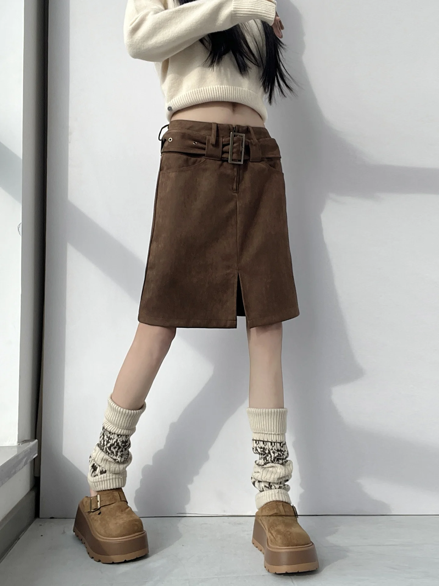 MianCun Retro Khaki Suede  Skirt Women Low Waist Spicy Design A-Line Bodycon Slimming Midi Skirt Simple Style Polyester E...