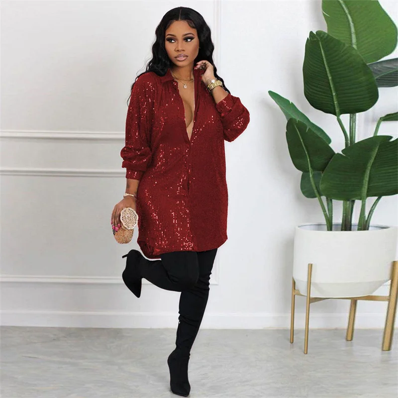 

Sexy Glitter Sequins Party for Dresses Women Turn-down Collar Button Up Long Sleeve Shirt Dress Club Night Birthday Dress Robe