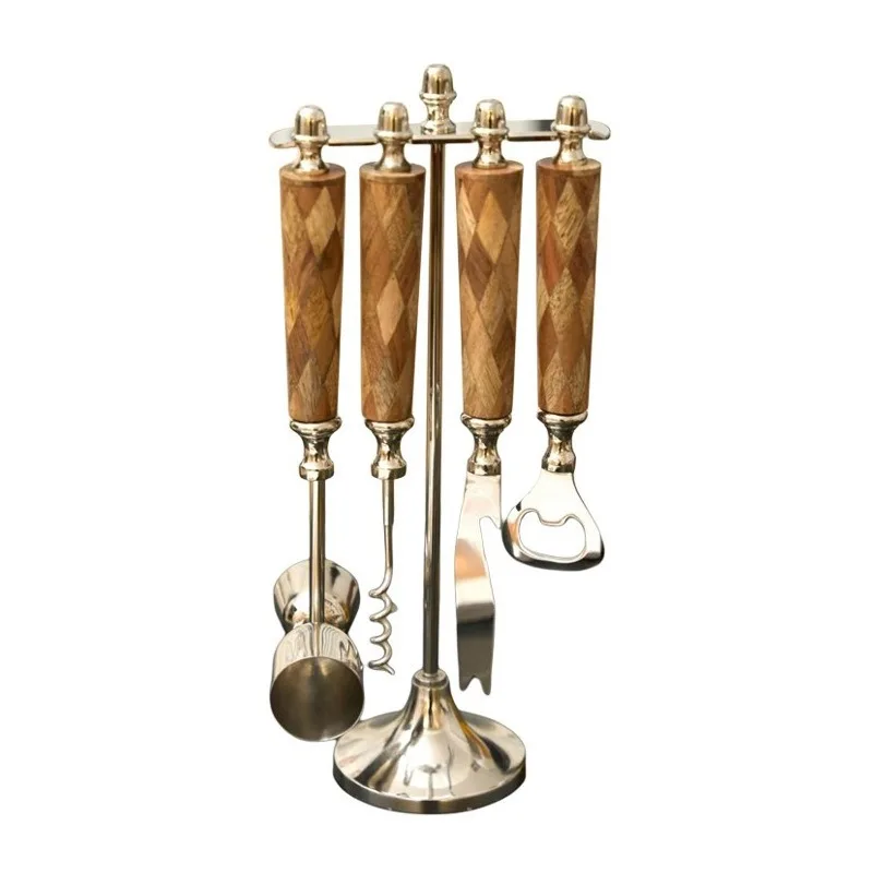 Indian ornament brown rhombus wood handle bottle opener four-piece model room bar restaurant wine barrel wine set decoration