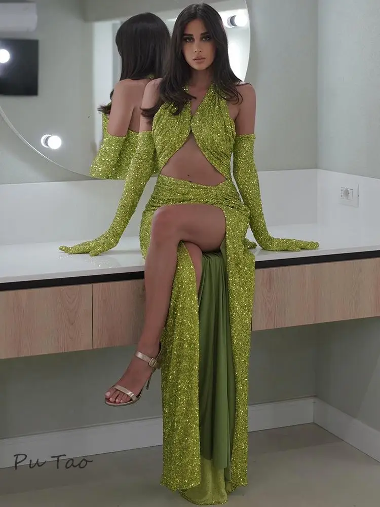 PuTao Luxury Evening Dresses For Women Sexy Bow Dress Halter With Bow Green Sequins Sleeveless High Slit Celebrity Party Gowns