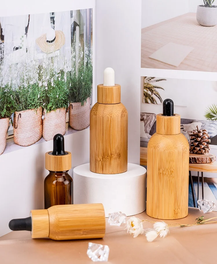 Wholesale Stock Wooden 5ml 10ml 15ml 30ml 50ml Essential Oil Serum Glass Dropper Bottle With Bamboo white black dropper Cap