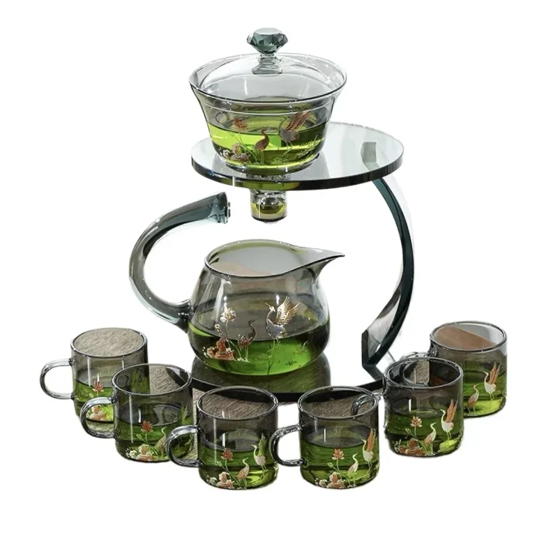 

Transparent glass lazy teacup set Household magnetic automatic tea set Tea drinking Kung Fu teapot Tea making artifact Small