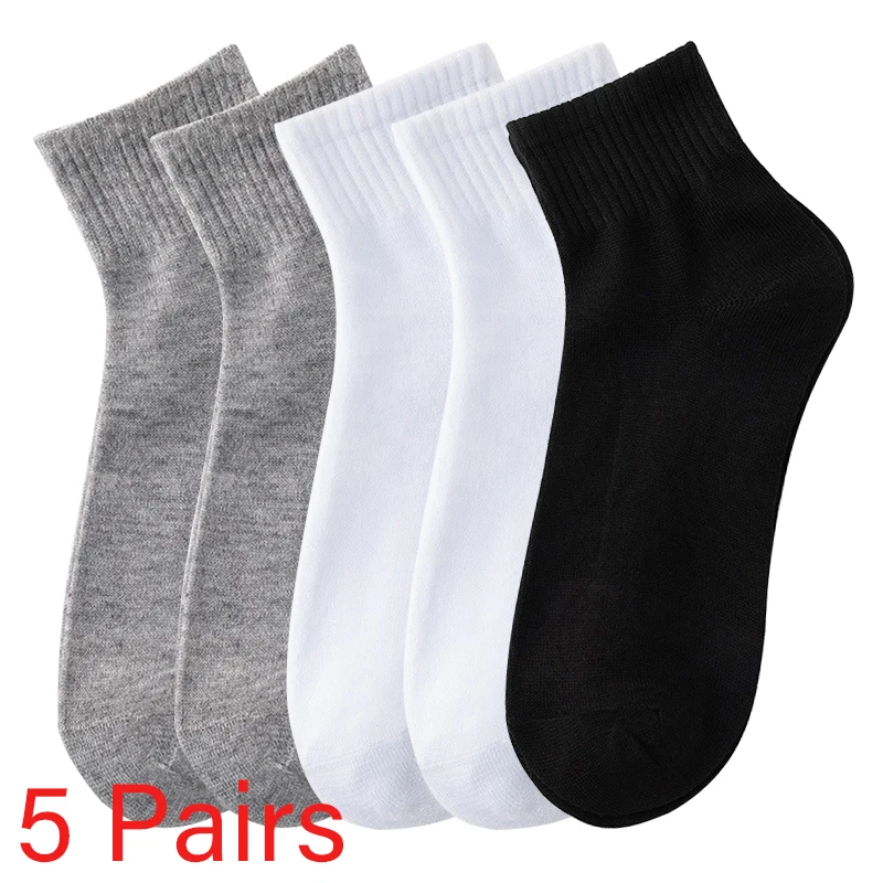 5 Pairs/Lot Men's Solid Color Socks Black White Business Casual Simple Versatile Breathable Cotton Sports Mesh Short Socks