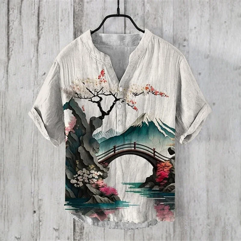 Camiseta informal de manga corta para hombre, camisa Henley de estilo japonés con cuello en V, verano, novedad de 2024