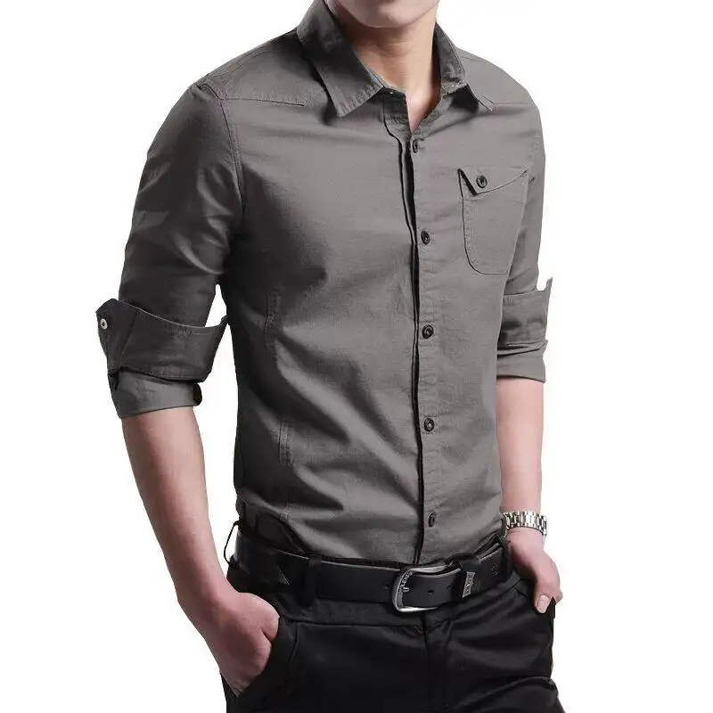 Military Solid Color Shirts Men's Clothing Commute Single-breasted Safari Style Spring Autumn Long Sleeve Spliced Basic Shirts