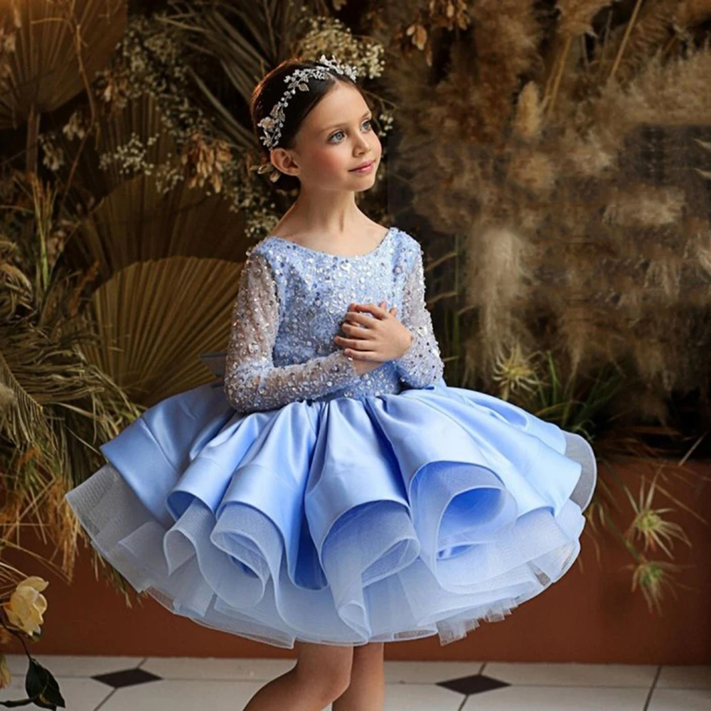 Elegant Girl Party Princess Tutu Gown Wedding Dress For Kids Bow Long Sleeve New Year Clothes 2-13 T Birthday Costume Vestidos