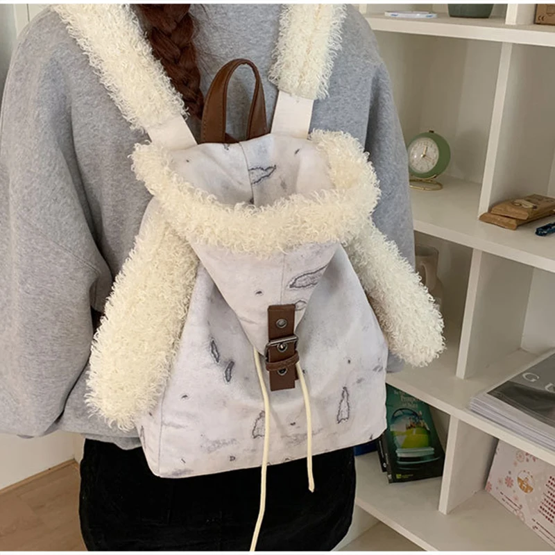 Hasenohr-Rucksack für Damen 2025, süßer Retro-Rucksack mit Kordelzug, einfache, geräumige Tasche für den täglichen Gebrauch im Herbst und Winter