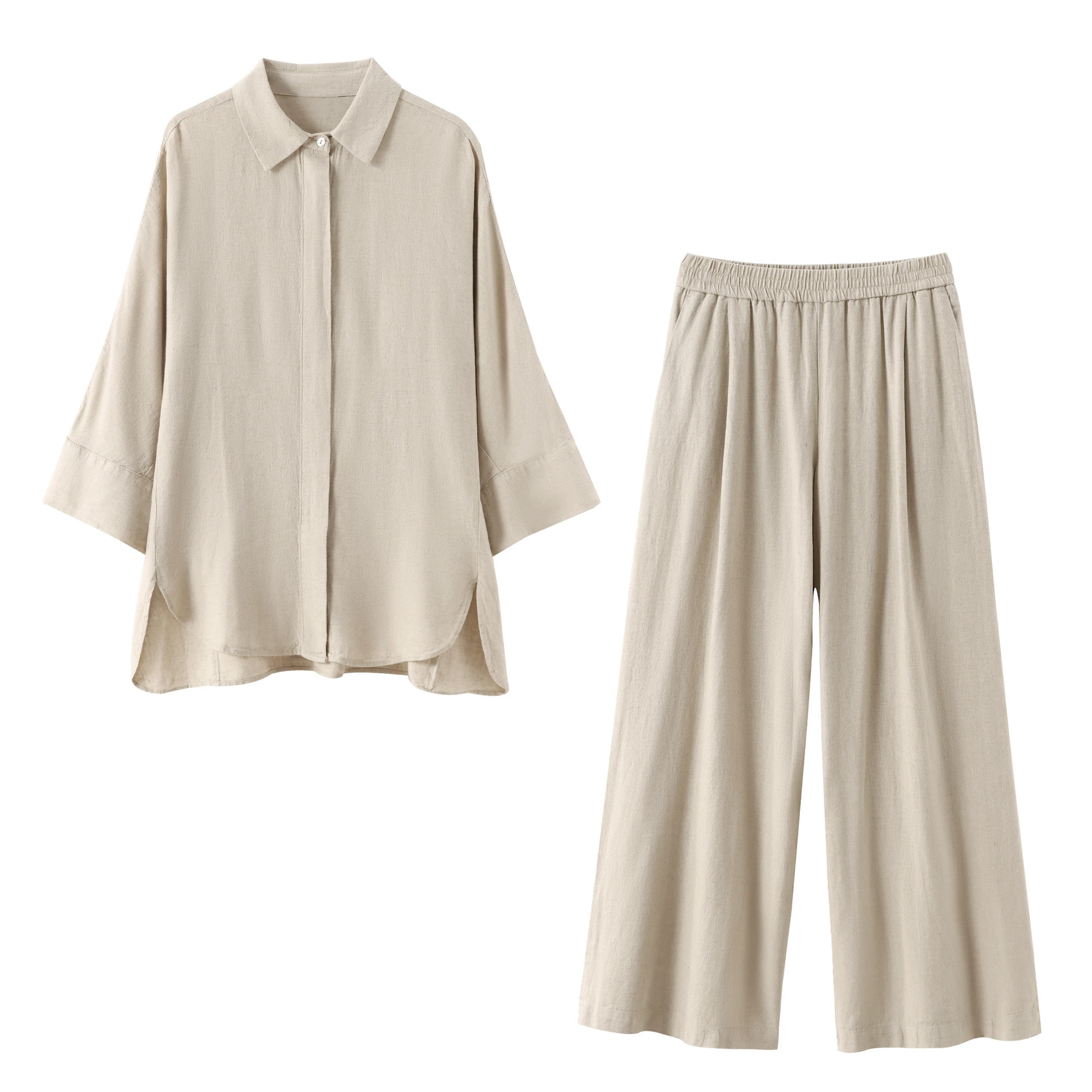 HH Vrouwen Casual Effen Blouse Broek Sets Losse Lange Mouw Revers Shirts Elastische Taille Wijde Pijpen Broek Kantoor Dame Pak
