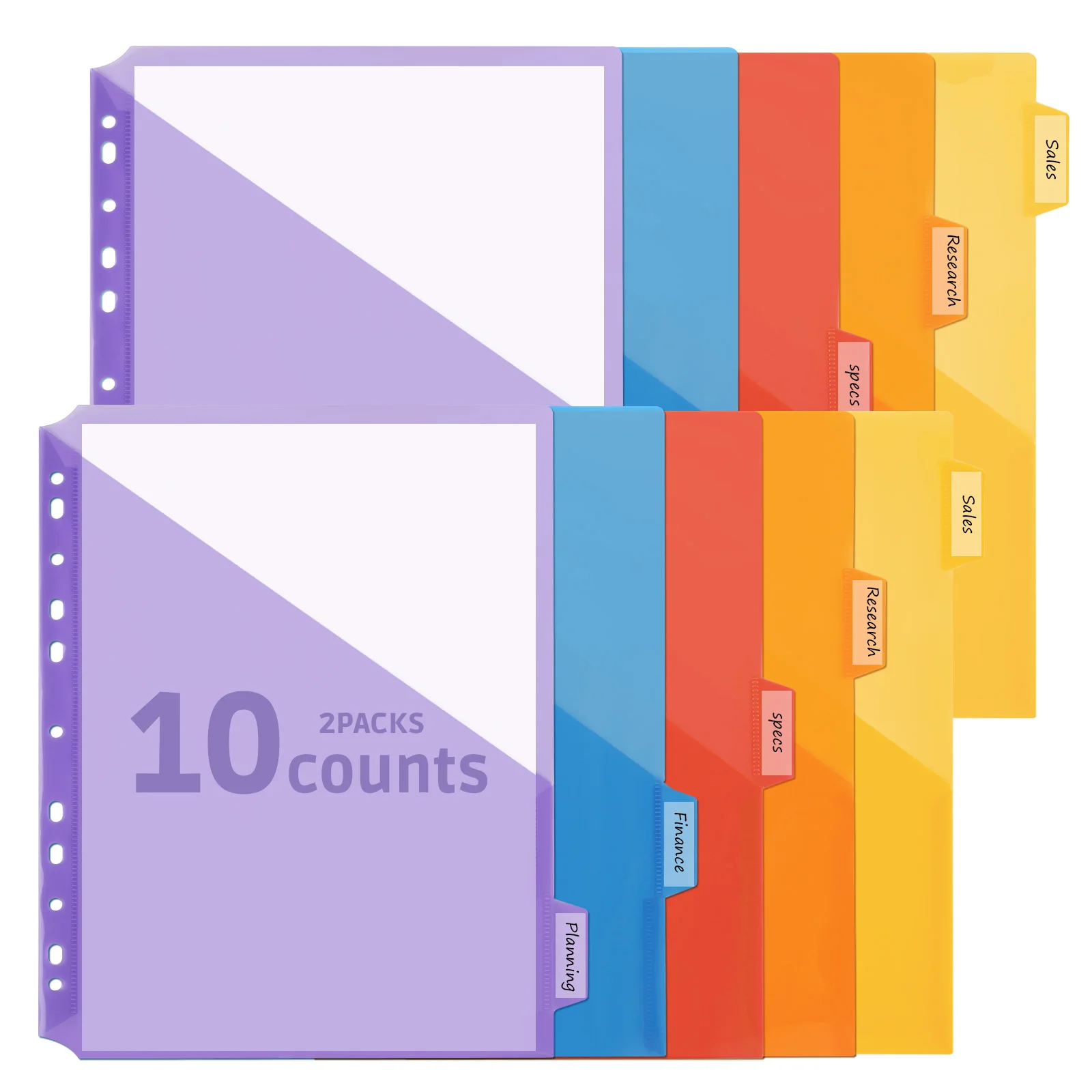 10-Pack 5 Color Binder Dividers with Pockets & Tabs, A4 PP Index Dividers for 2/3/4/11 Ring Binders, Office School Organization