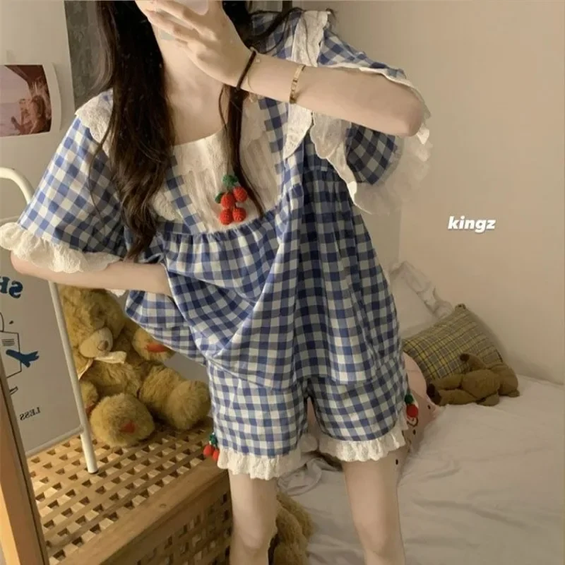 

Plaid Sleepwear Women Pajama Sets Teenage Girls Pijama Shorts Suit Home Summer Korean Lace Night Wear for Sleeping 2 Pieces New