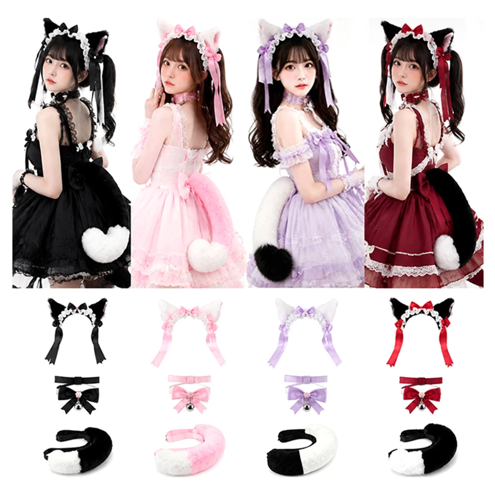 Kawaii Maid Cat Ear Headband Long Plush Cat Tail Bell Choker 3Pcs Set Lolita Cosplay Costume Accessories Furry Kitten Ears Tail