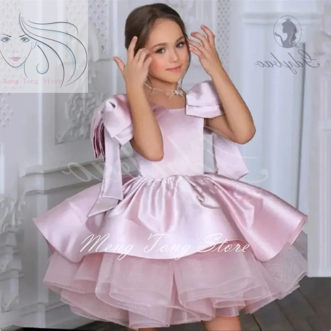 Cute delamination Satin Flower Girl Dresses with Bow Knee Length  Wedding Party Custom princesses Celebration Gowns