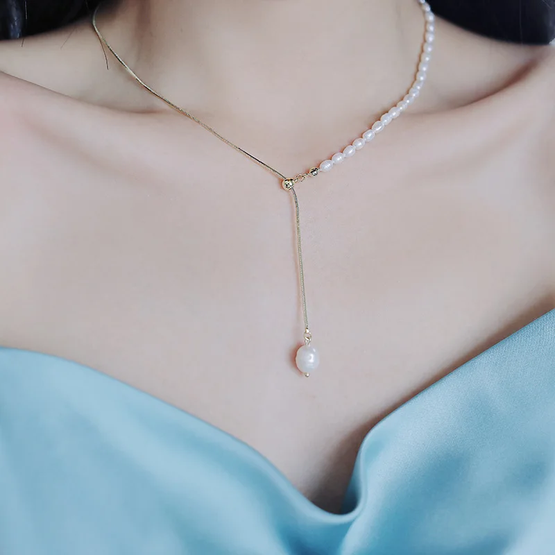 100 % natürliche Süßwasserperle, 14 Karat Gold gefüllt, trendige weibliche Anhänger-Halskette, Schmuck für Frauen, Schlangenketten, kein Verblassen – Detail 3