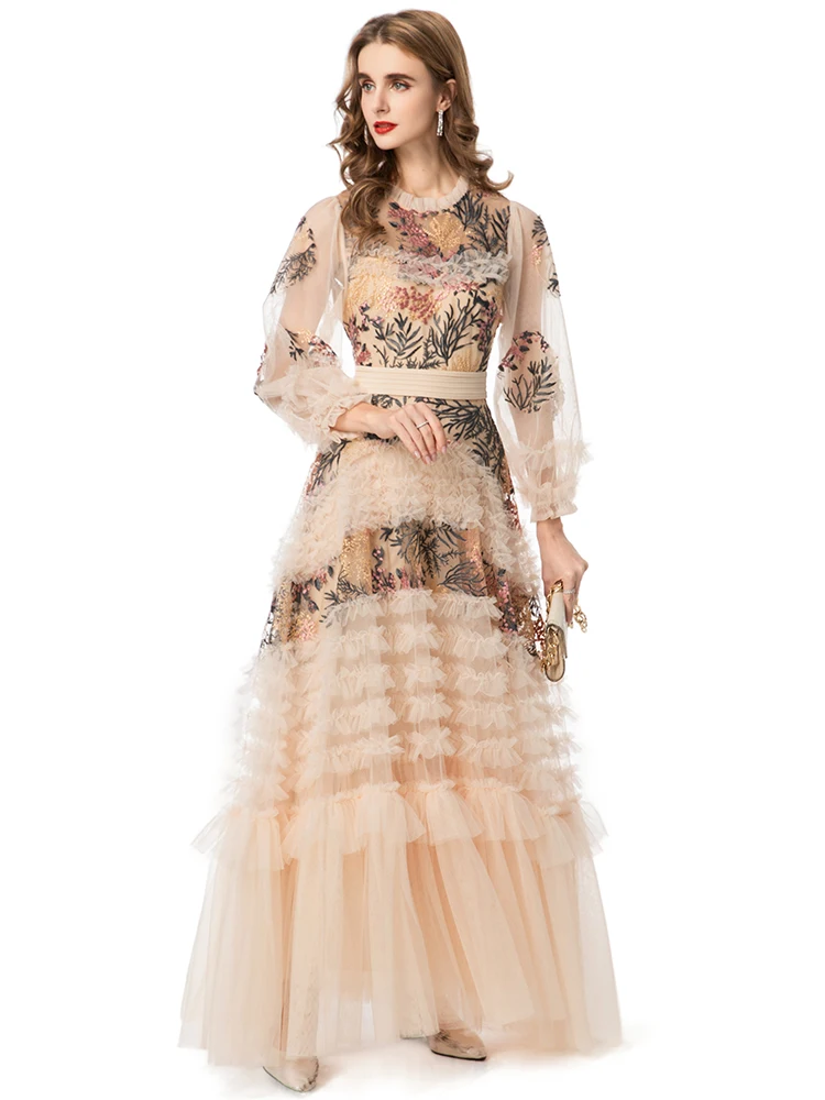 DLDENGHAN Floral Embroidery Maxi Mesh Dress For Women O-Neck Lantern Sleeve Ruffles Elegant Party Dresses Autumn Fashion Female