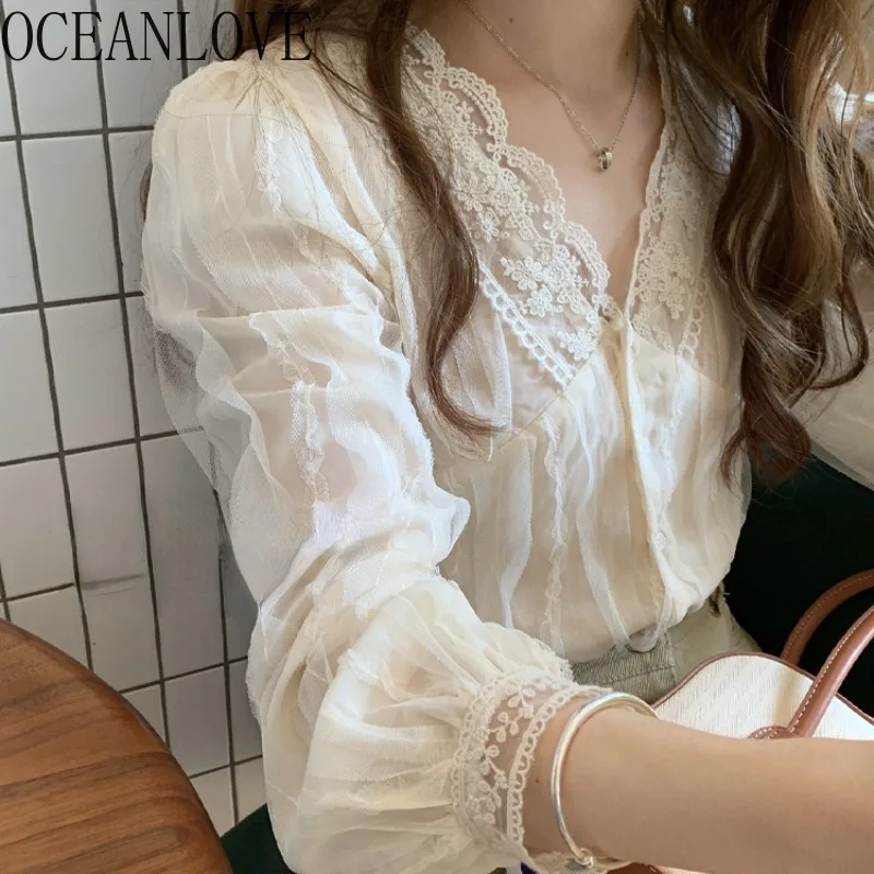 OCEANLOVE V Neck Lace Chiffon Shirts&blouses Women Tops Spring Autumn Elegant Blusas Mujer Korean Fashion Solid Sweet Camisas