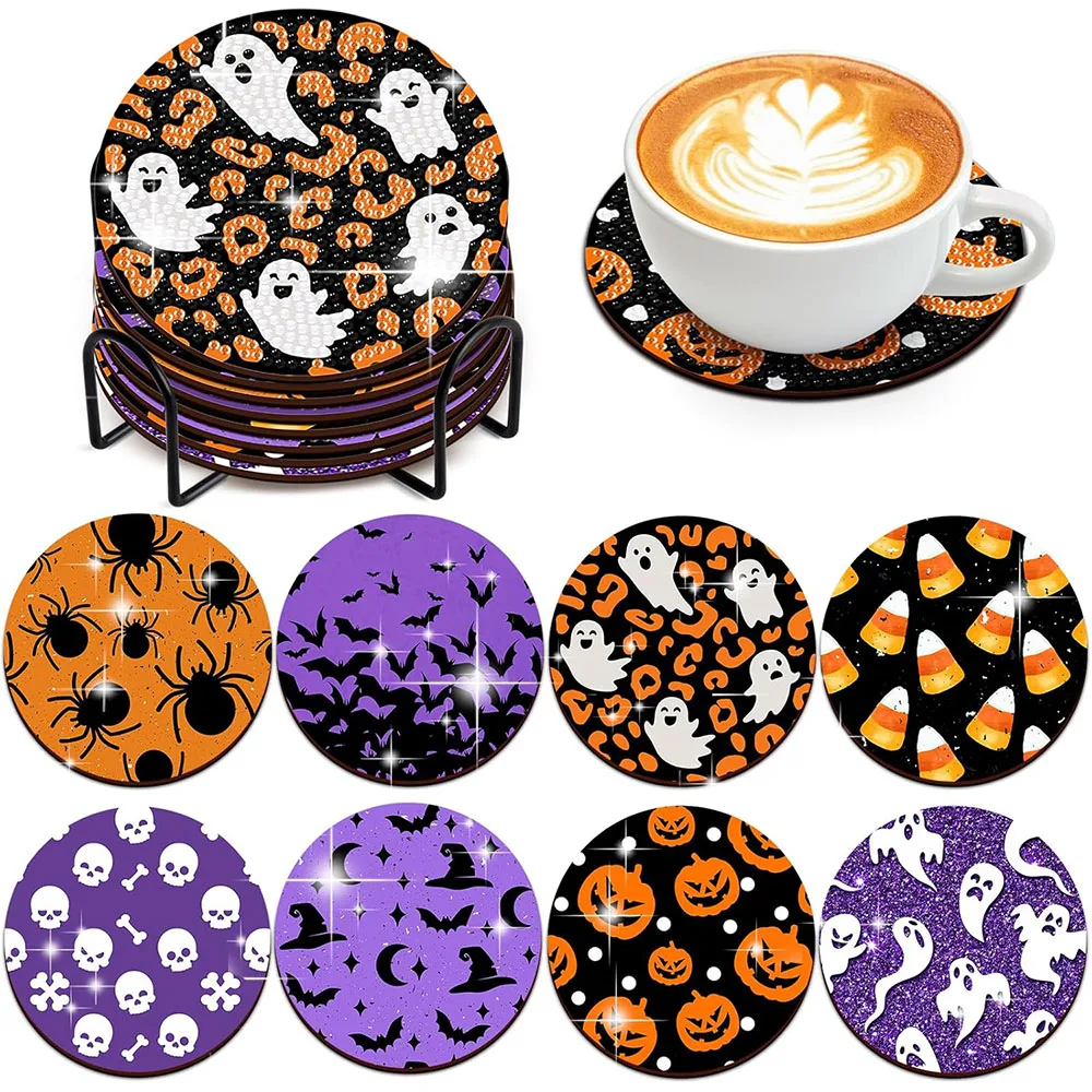 

8pcs Halloween Diamond Painting Coaster with Holder DIY Diamond Art Kit Cup Mat for Home Decor House Warming Gifts