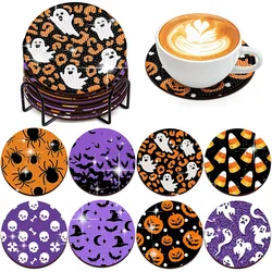 8pcs Halloween Diamond Painting Coaster with Holder DIY Diamond Art Kit Cup Mat for Home Decor House Warming Gifts
