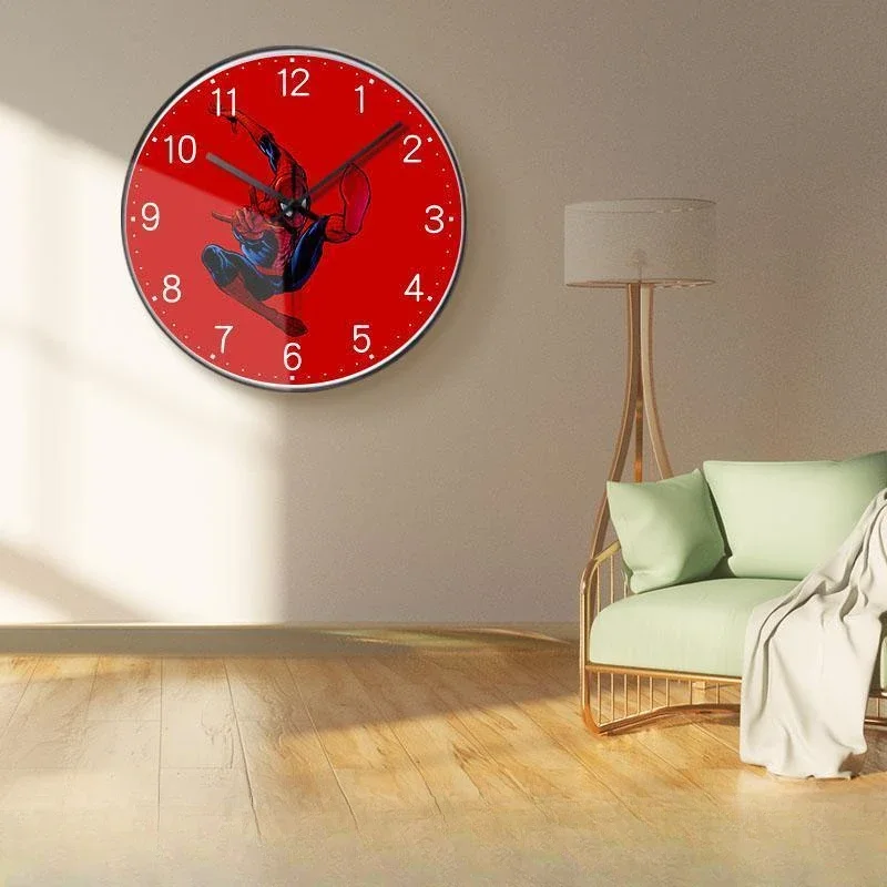 Reloj de pared de los vengadores de Marvel para sala de estar, reloj de pared redondo y silencioso con dibujos animados de películas periféricas de Spiderman