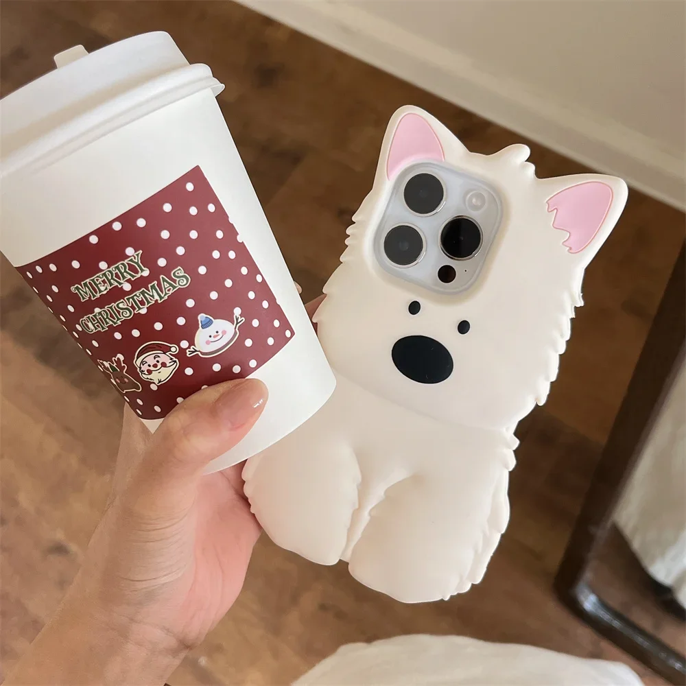 Korean Cute 3D West Highland White Terrier silicone phone case for iPhone 16  13 14 15Pro Max Fun cartoon protection soft cover