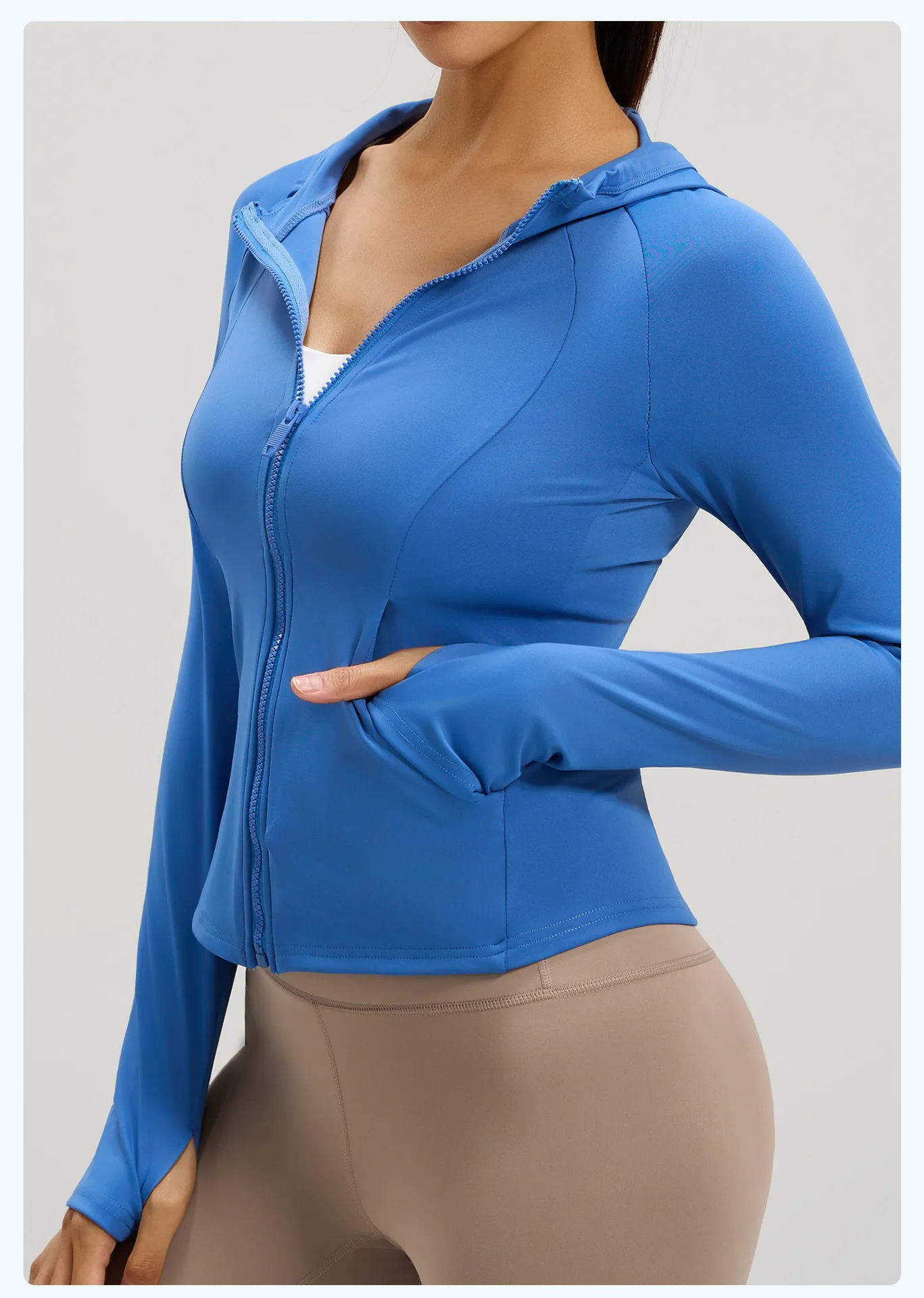 Women Fitted Hooded Sports Jacket With Pockets Full Zipper Long Sleeve Thumb Hole High Elastic Fitness Yoga Running Top