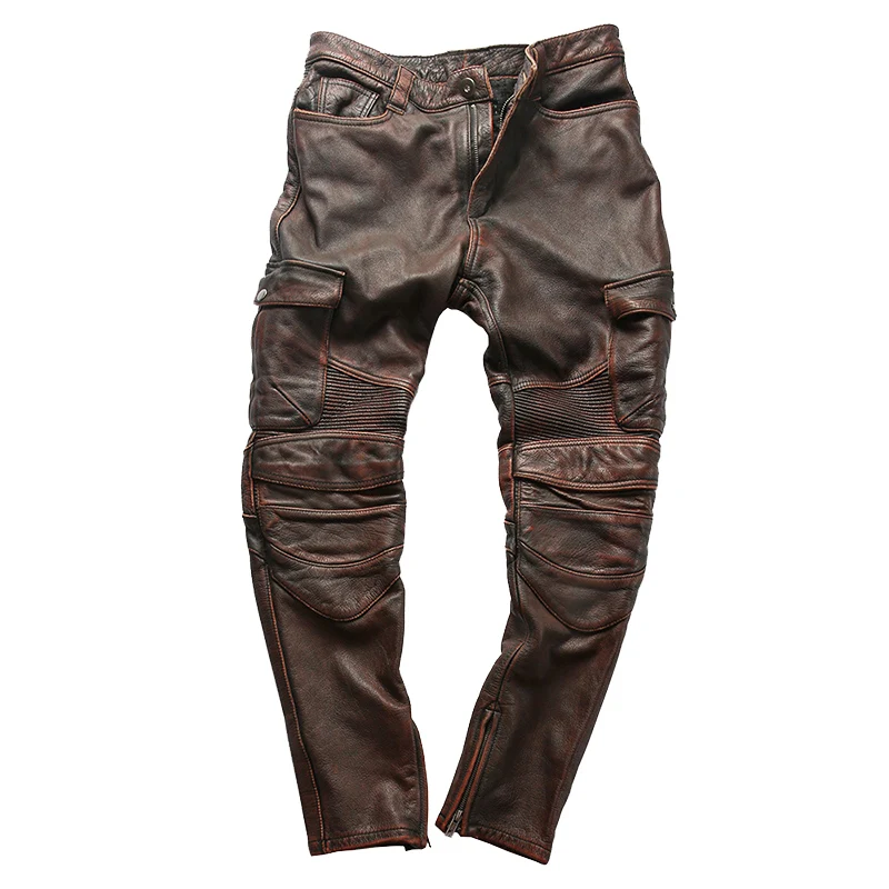 

High Quality Vintage Genuine Leather Pants Motorcycle Slim Youthful Vigor Fashion Cowhide pants Men Trousers Chaparoon