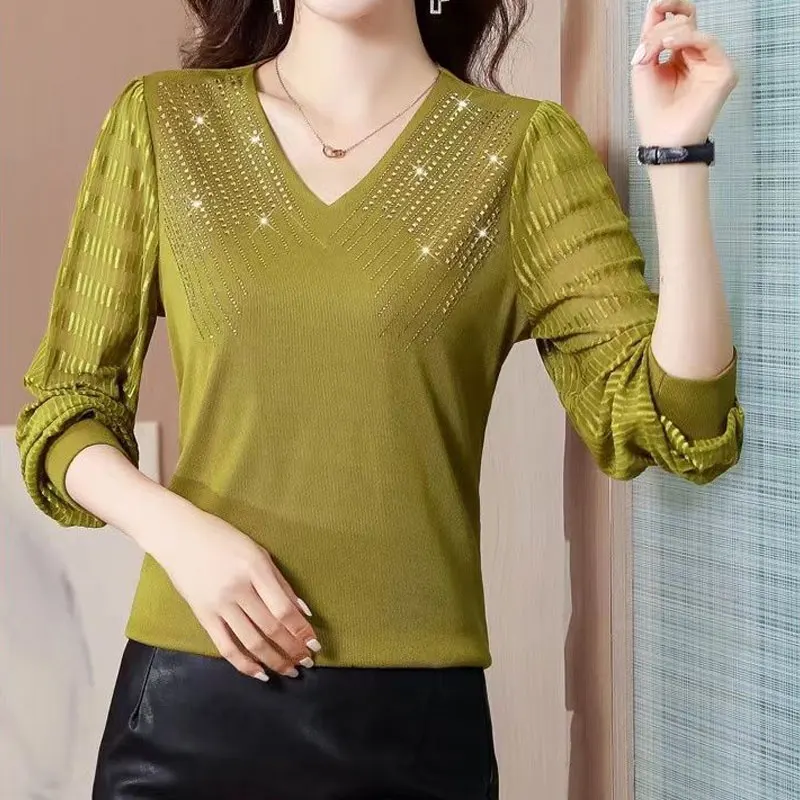 Camicia Casual tinta unita garza impiombata elegante scollo a v abbigliamento donna elegante diamanti primavera autunno camicetta coreana a maniche