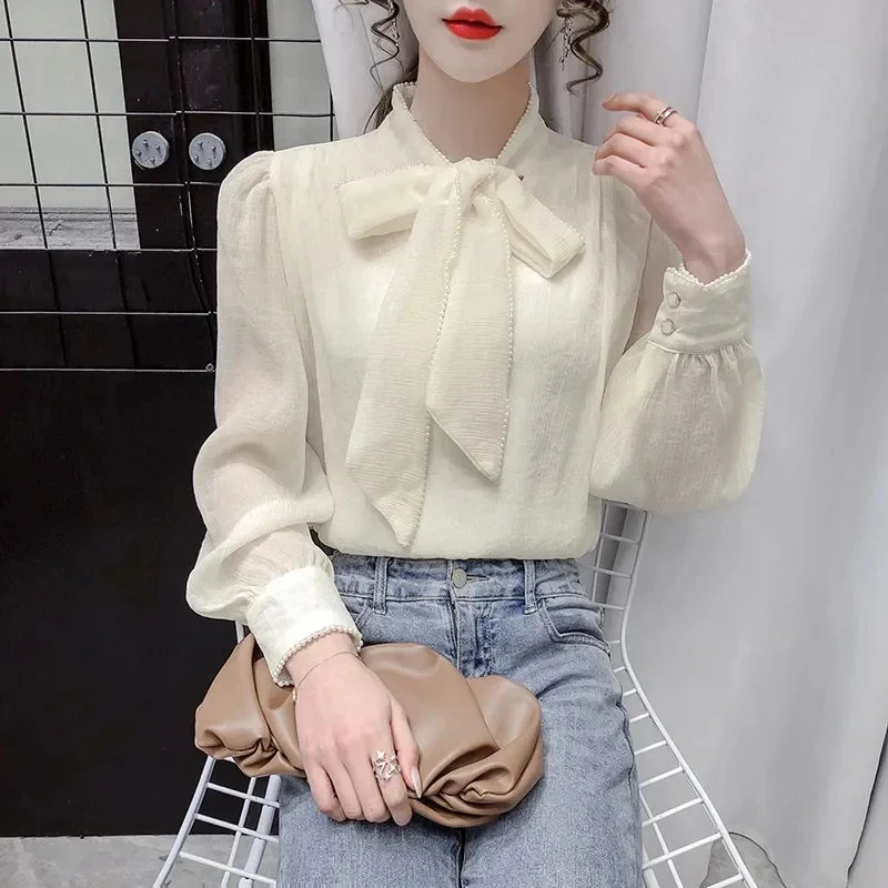 Women Chiffon Office Shirts Autumn Winter Bow Neck Korean Fashion Clothes Causal Camisas Elegant Long Sleeve Ladies Tops Blouses