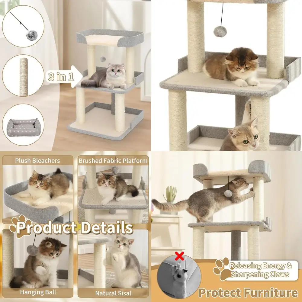

Sturdy Multi-Level 27.56in Grey Cat Tree with Sisal Scratch Posts and Bed for Large Cats and Kittens